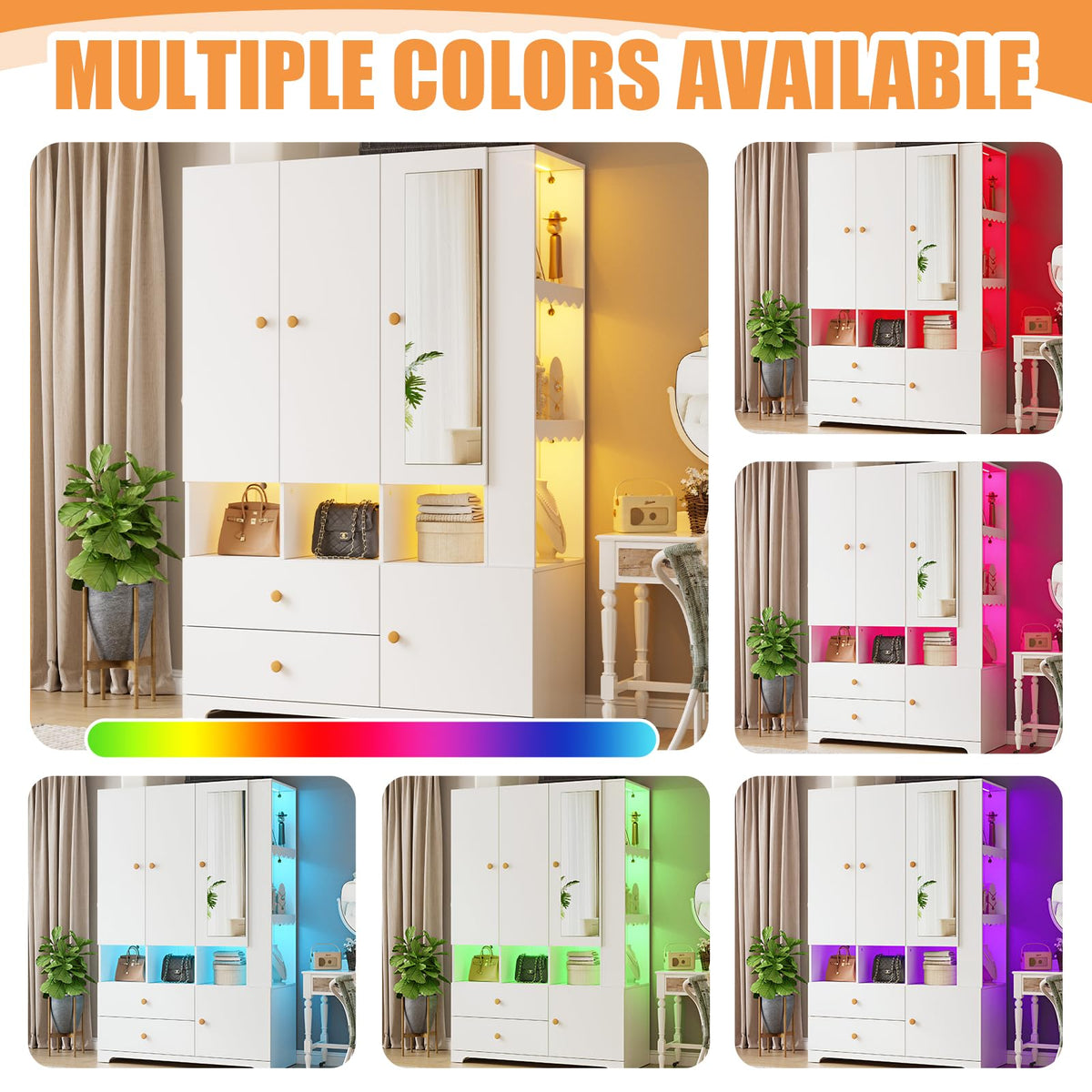 SDMY Armoire Wardrobe Closet with Mirror and LED Lights,71" Freestanding Armoire with 3 Doors,2 Drawers, Hanging Rod, Adjustable Shelves, Large Wooden Clothes Storage Cabinet for Bedroom, White