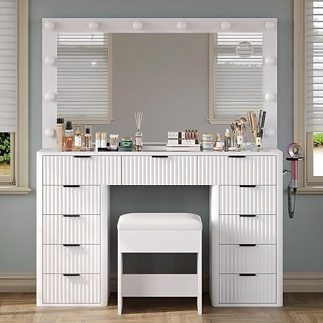 47" LED Makeup Vanity Desk with Stool & 11 Drawers