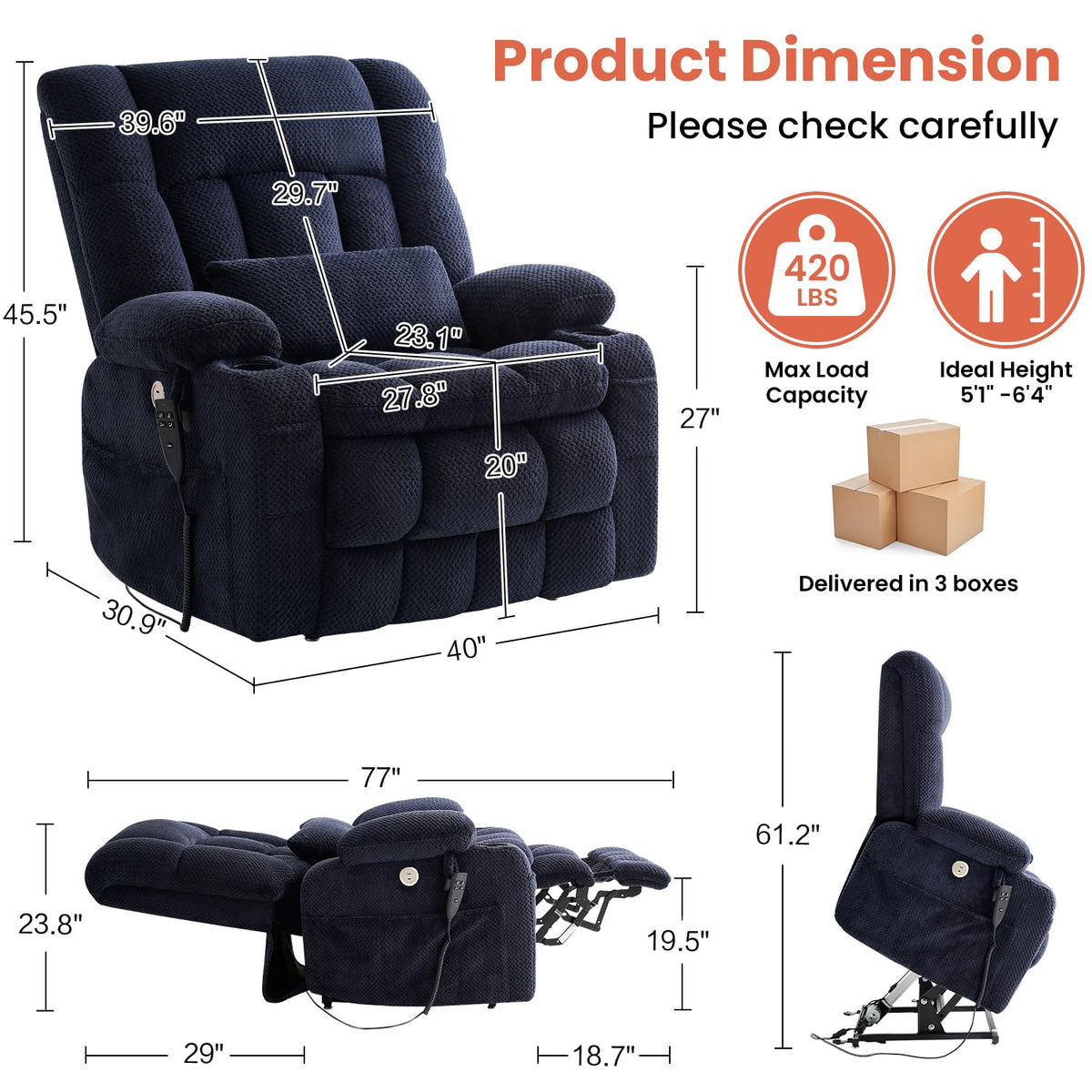 Dual Motor Power Lift Recliner Chair for Elderly, Lay Flat Lift Chair