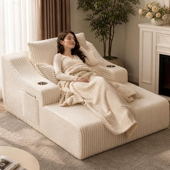 Oversized Chaise Lounge Chair with Cup Holder & Pillows