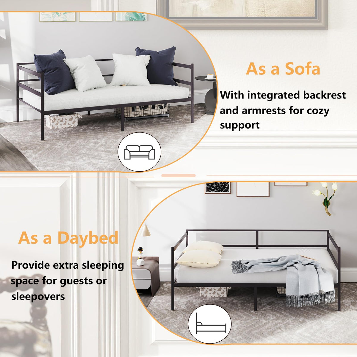 KOMFOTT Metal Daybed Frame Twin Size, Heavy-Duty Steel Slats Support Sofa Bed, Platform Mattress Foundation, Multifunctional Platform Bed Frame, Day Bed for Living Room & Guest Room