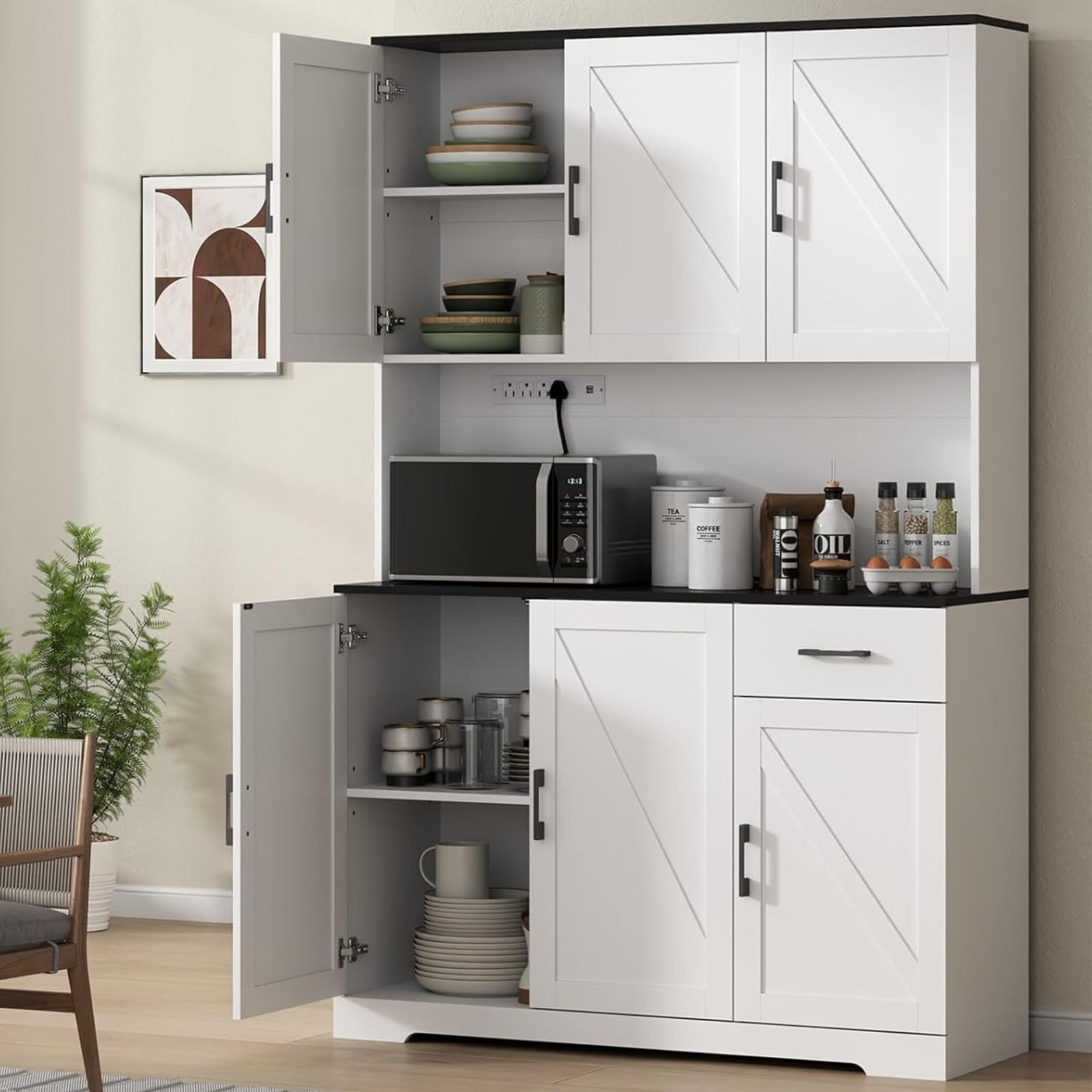 71" Pantry Cabinet,Kitchen Pantry Storage Cabine with Power Outlet,Farmhouse Kitchen Hutch Pantry Cabinet, Tall Hutch with Adjustable Shelf & Door,Food Pantry Storage for Dining Room,Kitchen (White)