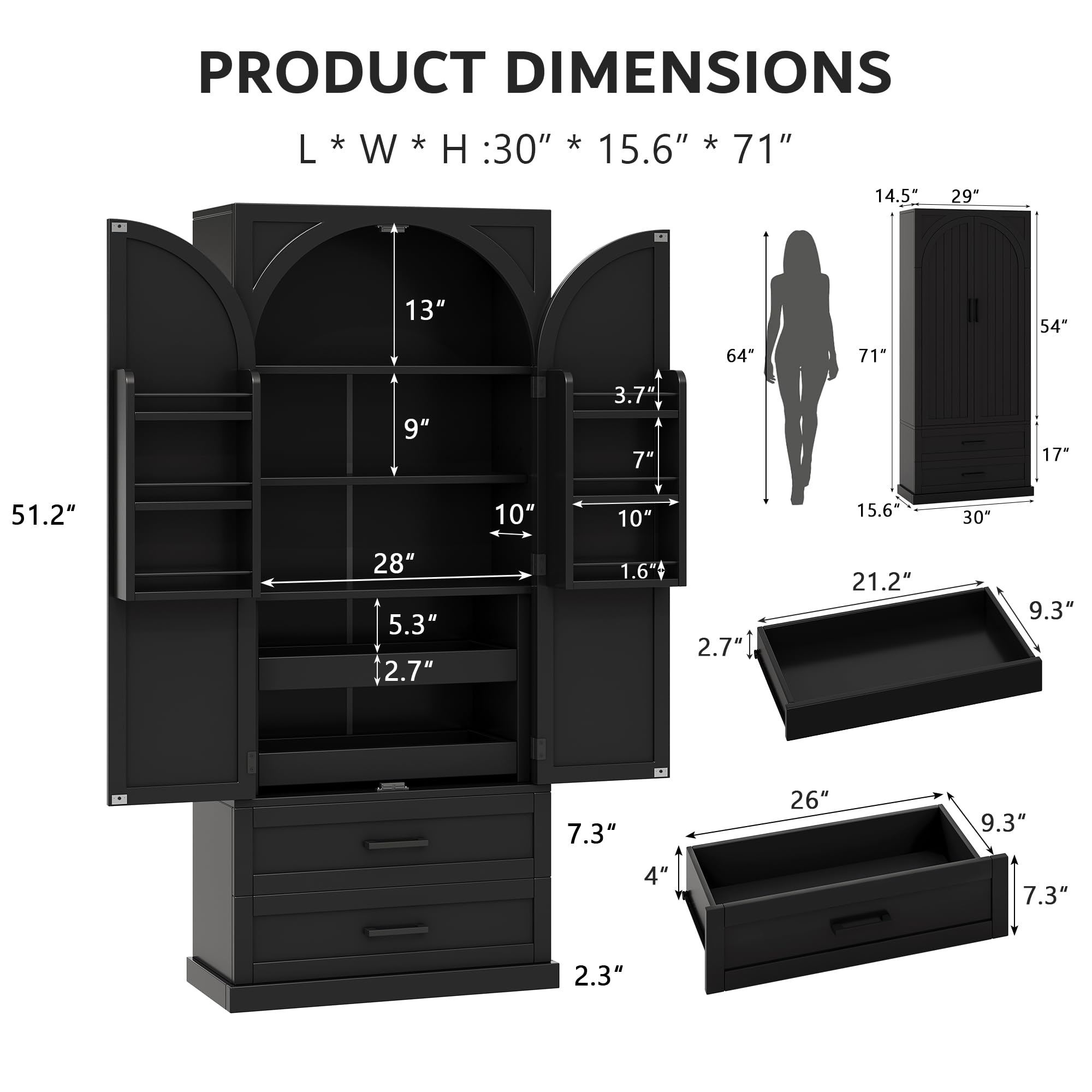 iPormis 71" Tall Kitchen Pantry Storage Cabinet w/Adjustable Shelf, Large Drawers & Door Shelves, Freestanding Kitchen Cupboard for Dining Room/Living Room, Black