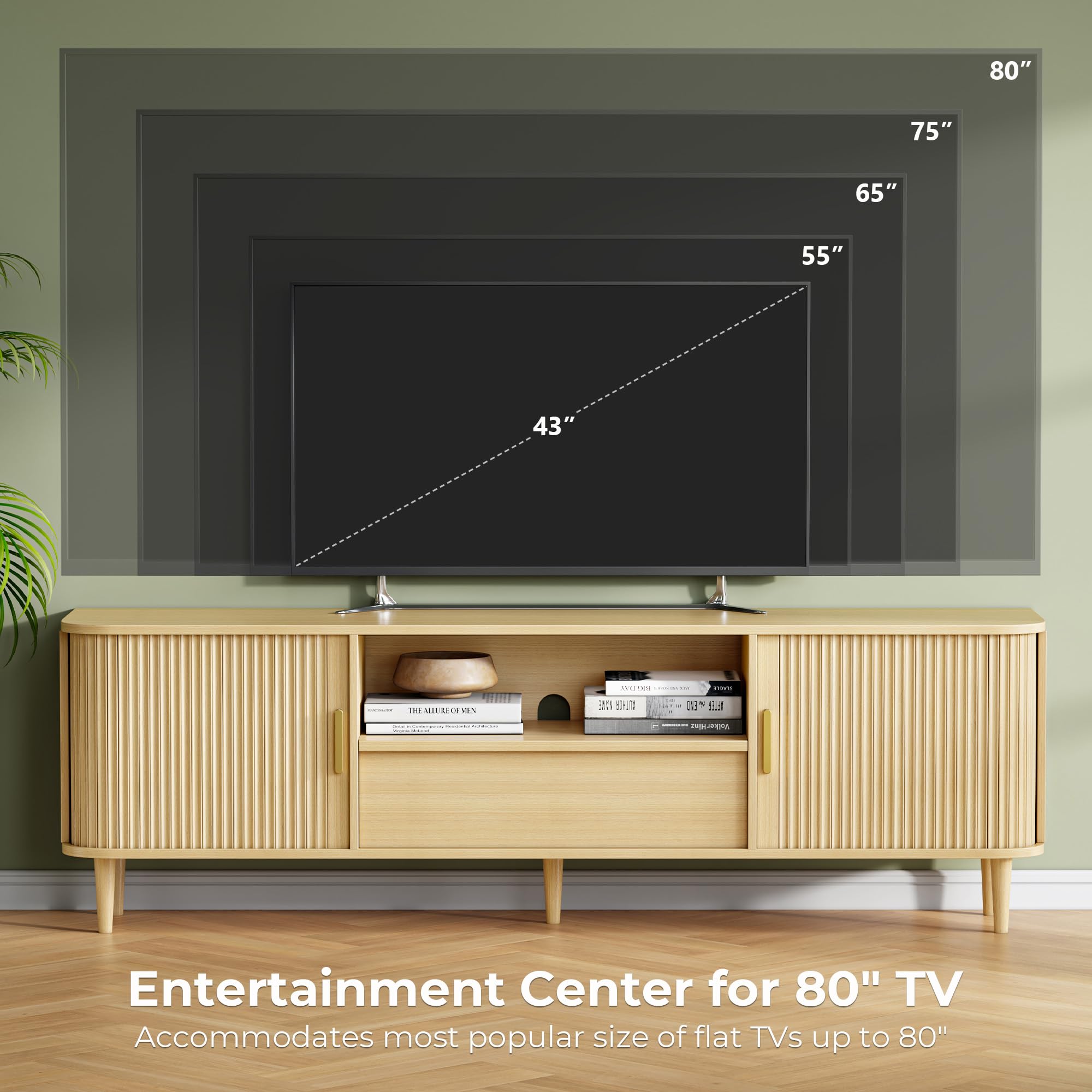 IRONCK Modern Fluted TV Stand for TVs Up to 80 inches, 69" Entertainment Center with Storage Drawer, TV Console with Sliding Doors and Adjustable Shelves, Media Console for Living Room Bedroom, Oak