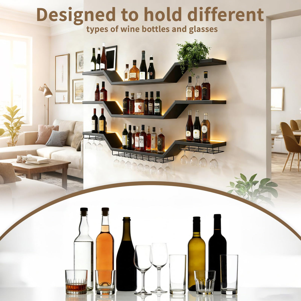 XcyUktp 78.7in Wall Mounted Wine Rack with LED & Glass Holder, Metal 3-Tier