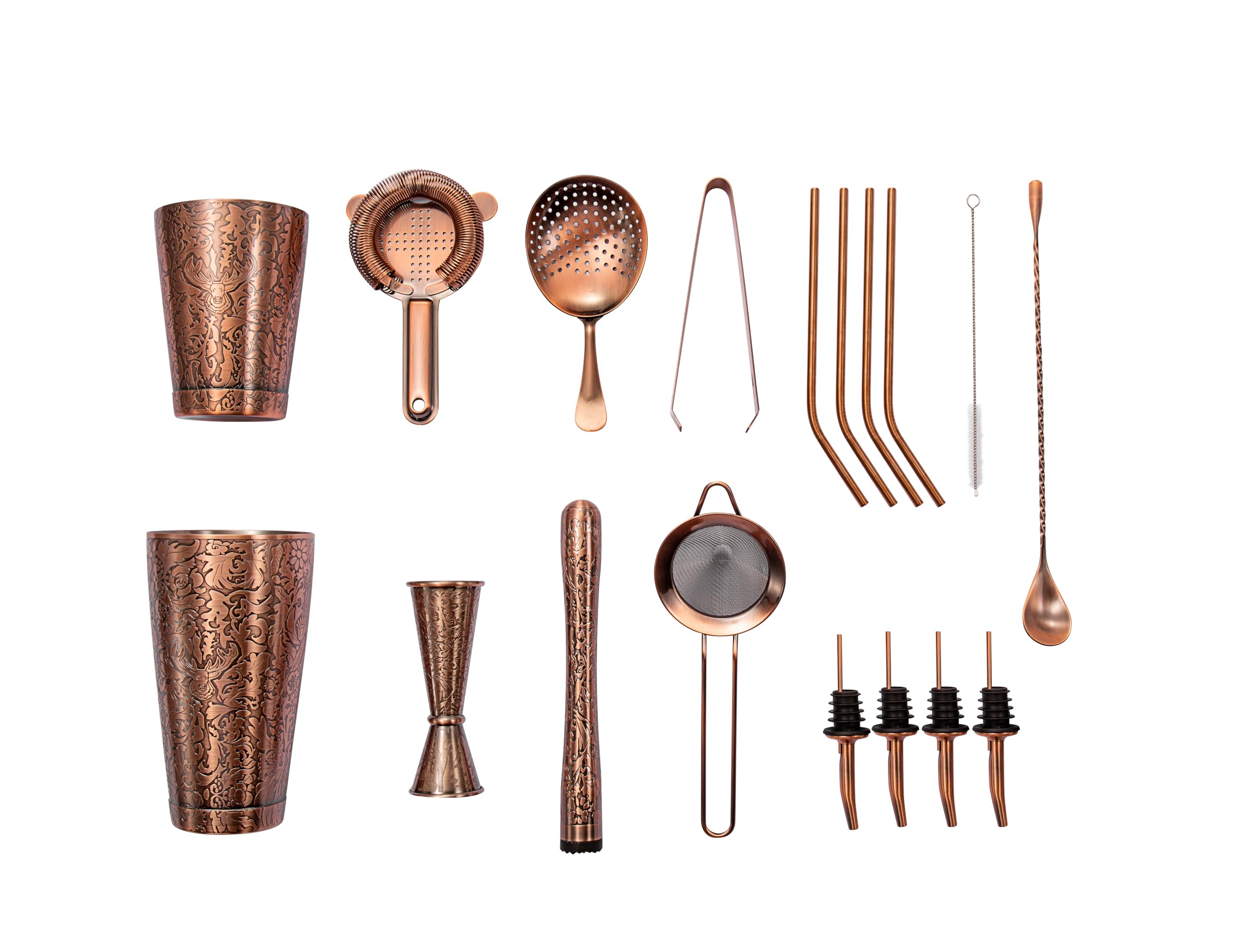 Sky Fish 3D Etched 18-Piece Bartender Kit Stainless Steel Boston Cocktail Shaker Set Copper Plated Bartending Tools Suit for Bar Tools Set Mixology Enthusiasts, Professional Bartenders and Home Drink