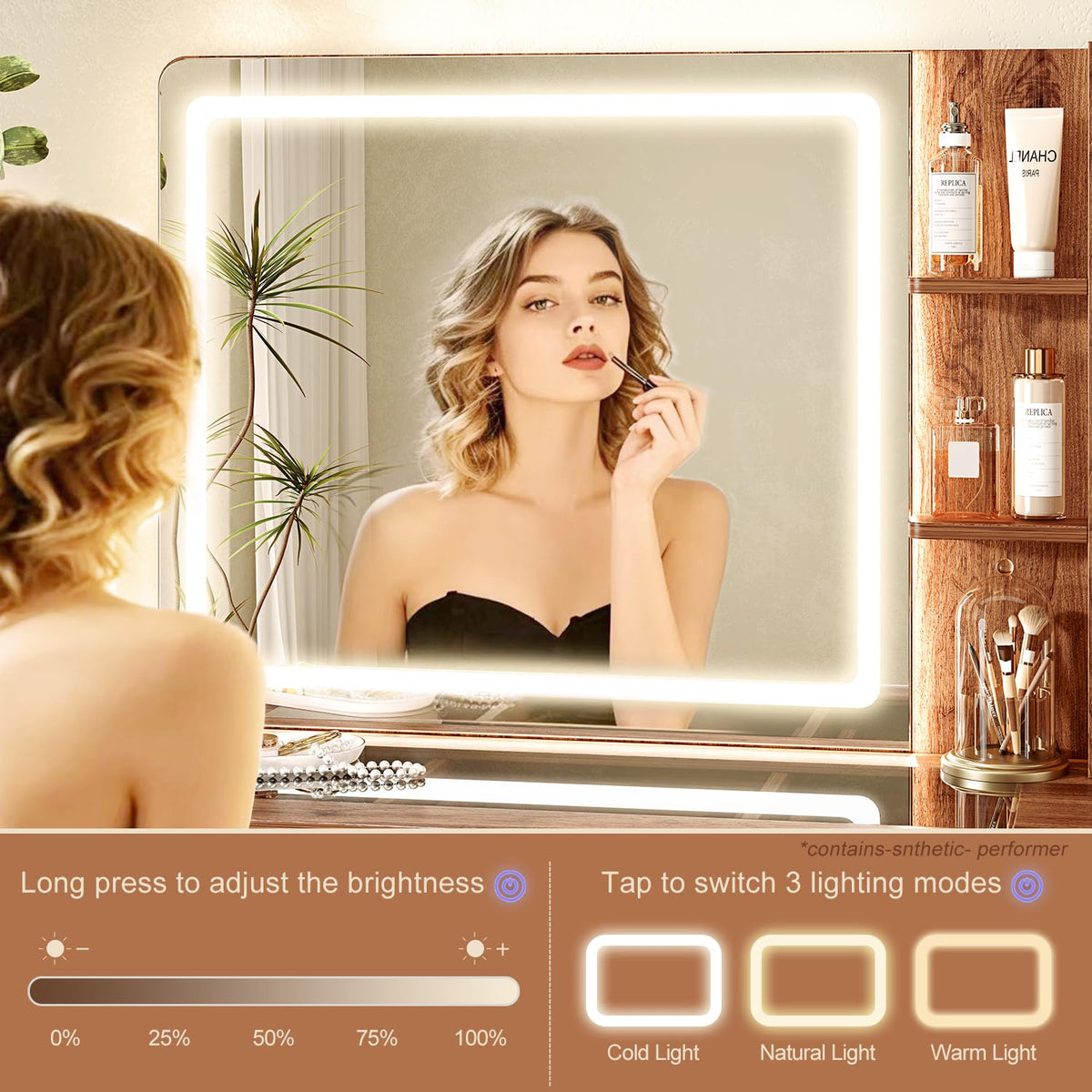 Glass Top Makeup Vanity with 3-Color LED Lighted Mirror & Power Strip, Large Vanity Table with 9 Drawers, Enclosed Cabinet & 2-Tier Open Shelves, Wooden Legs Bedroom Dressing Table, 51.38"W, Brown