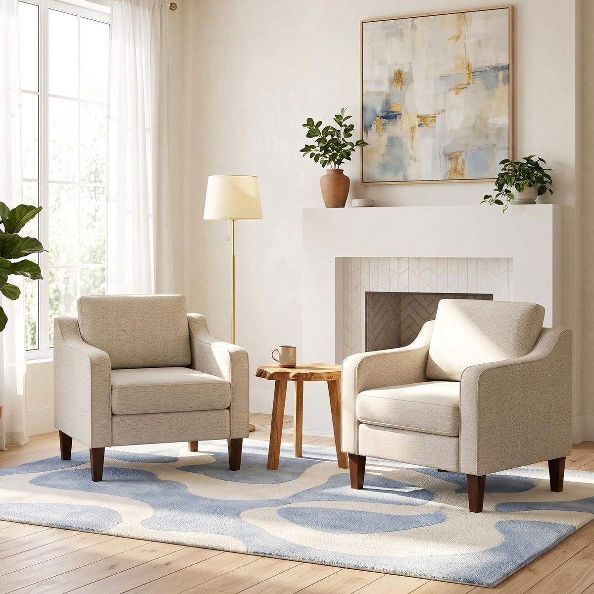 Beige Linen Accent Chairs, Set of 2