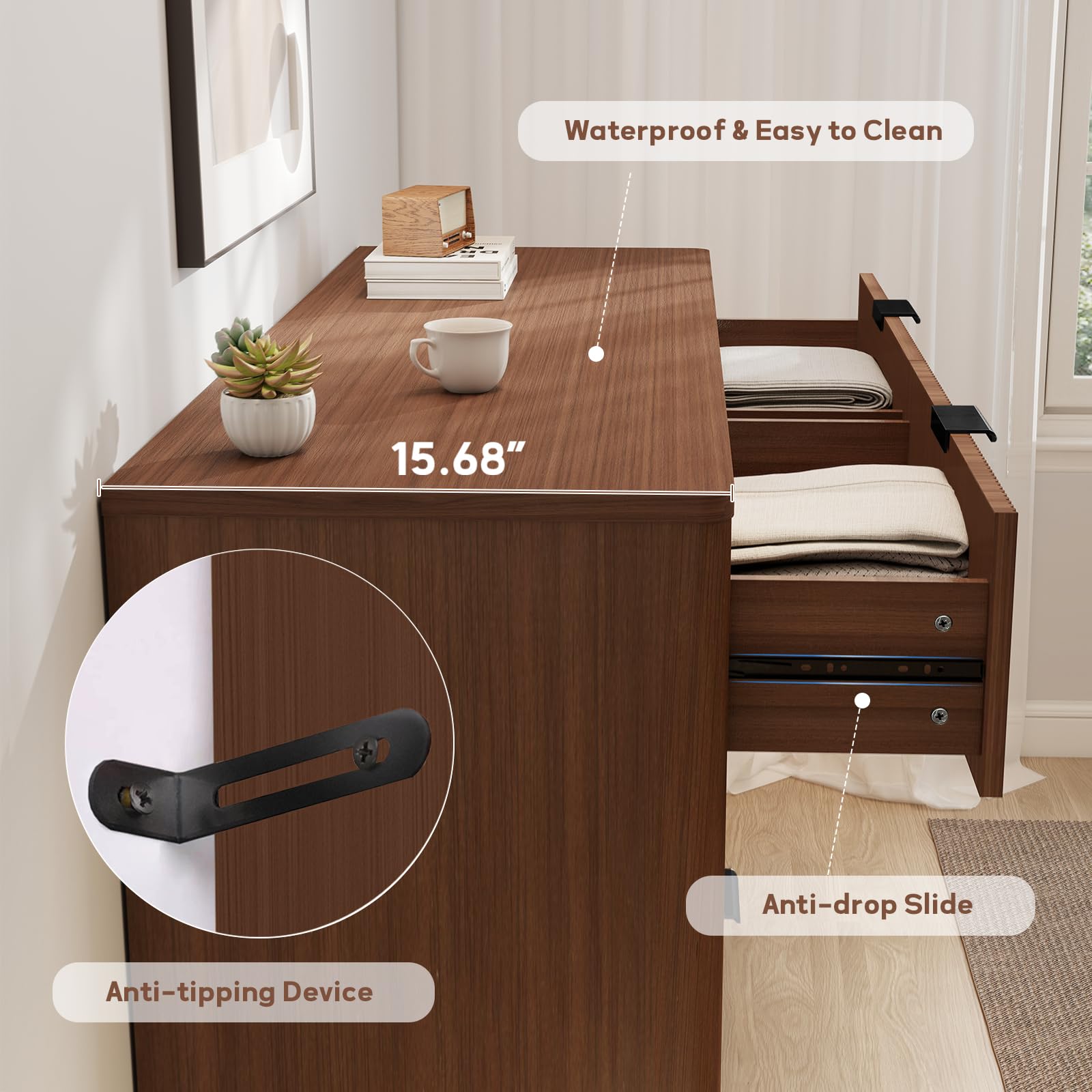 GRAINLLE Fluted Dresser for Bedroom,49.6'' Modern Wooden Walnut Dresser with 6 Drawers, Bedroom Dressers, Natural Wood Chest of Drawers for Living Room, Hallway (Walnut)