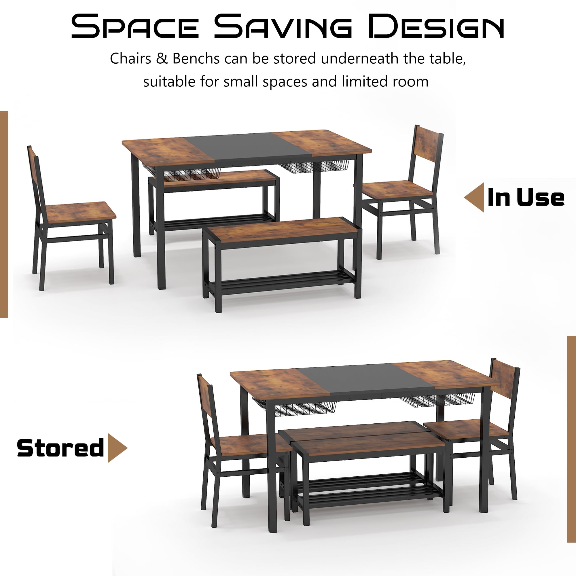 Industrial Dining Table Set with Benches & Chairs