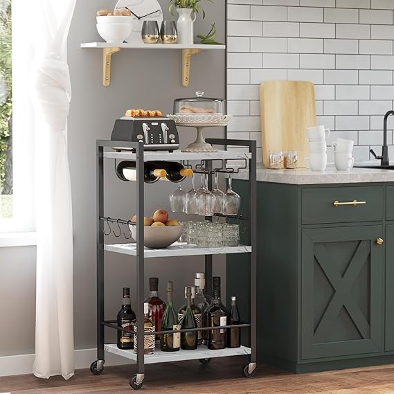 3-Tier Rolling Bar Cart with Wine Rack & Glass Holder