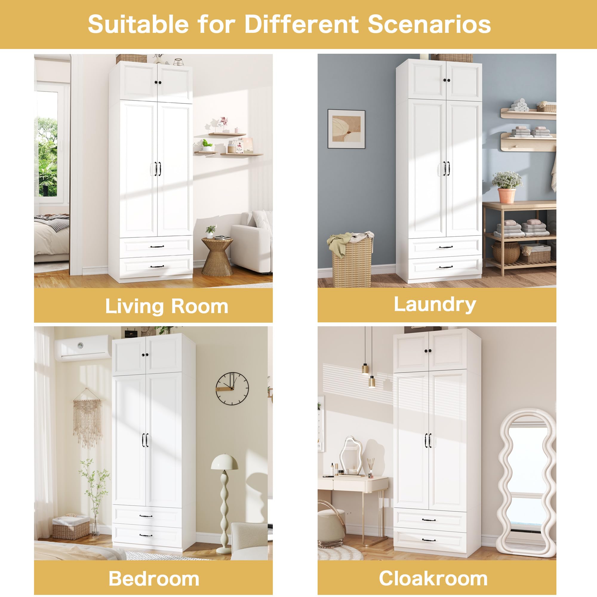 LABROSKIA Armoire Wardrobe Closet with Doors: 89" Extra Tall White Wardrobe with Storage on Top, Bedroom Armoires with 2 Doors and 2 Drawers, Large Wood Closet Armoire for Hanging Clothes