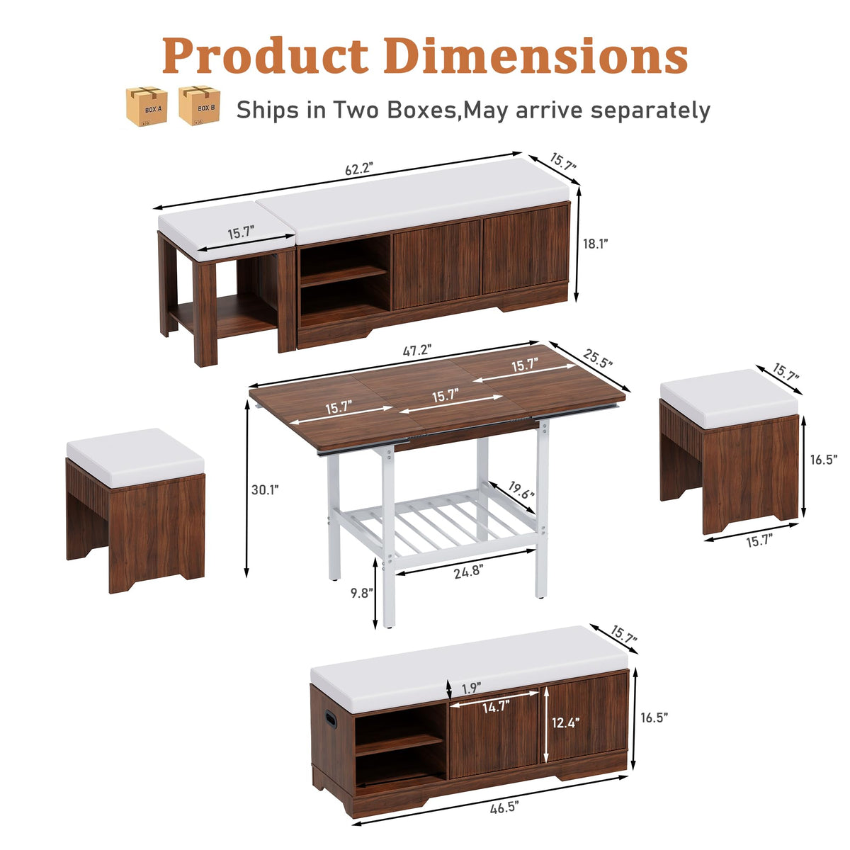 Extendable Breakfast Nook Set with Storage Bench, 6-Piece Corner Dining Set