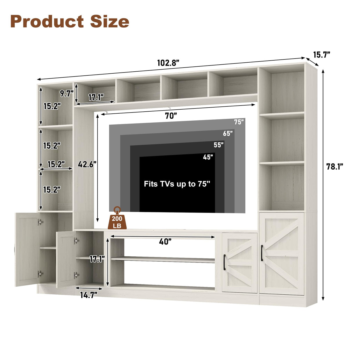 103" TV Stand for TVs up to 75", Wall Unit Multifunctional Entertainment Center with Storage & Bookshelves for Living Room, Farmhouse TV Cabinet with Power Outlets, Media Cabinet with Storage Shelves