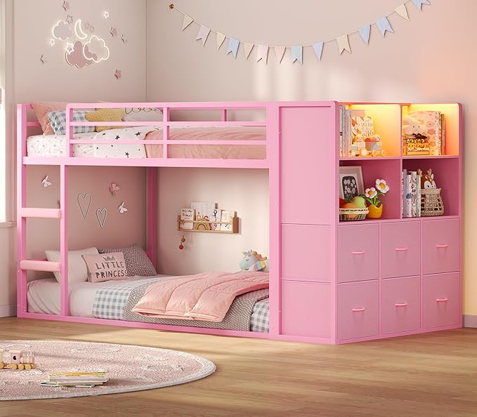 Twin Over Twin Bunk Bed with Storage & LED Lights