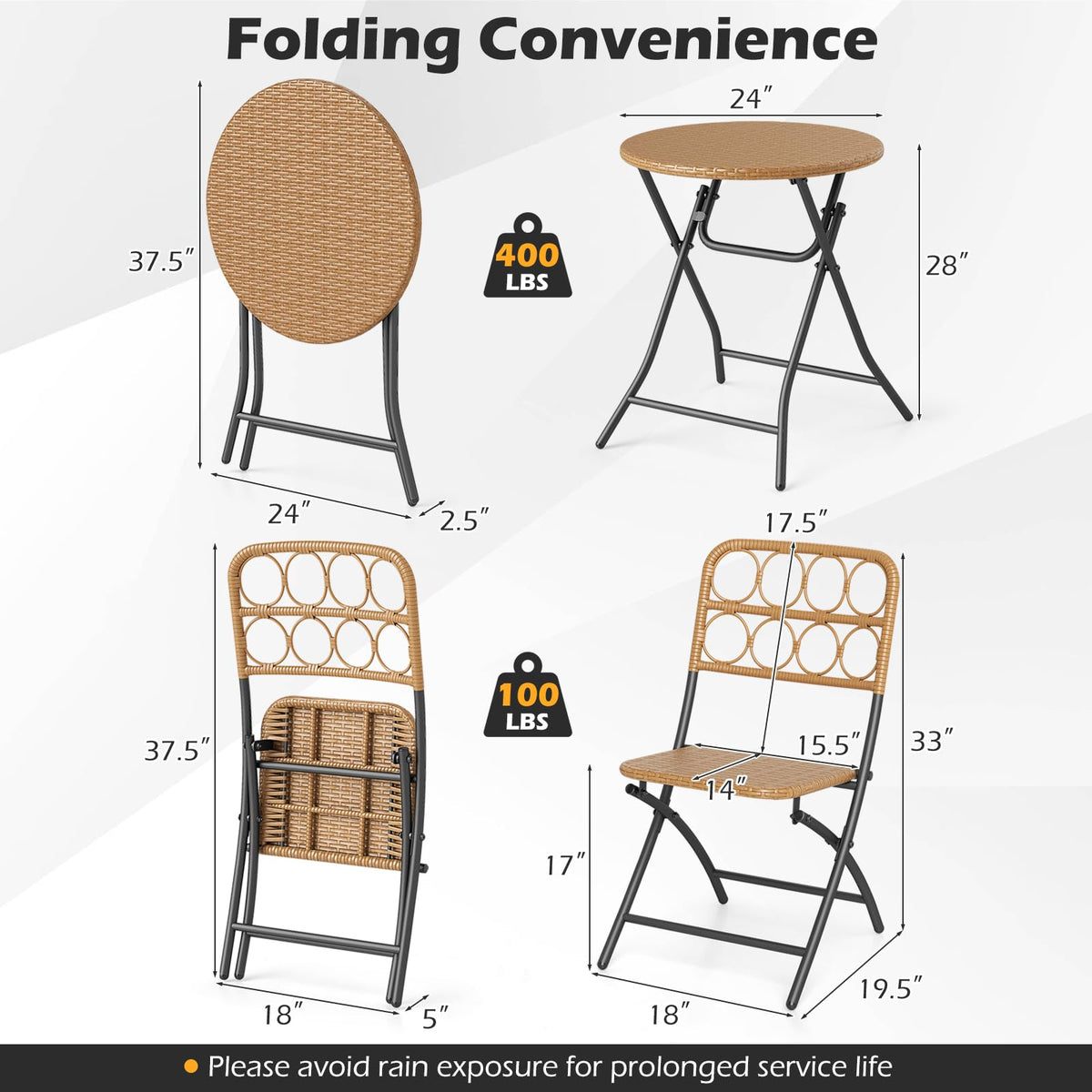 Tangkula 3 Piece Outdoor Folding Bistro Set, PE Rattan Portable Patio Round Dining Table and 2 Chairs with Sturdy Metal Frame for Porch, Garden, Backyard, Balcony