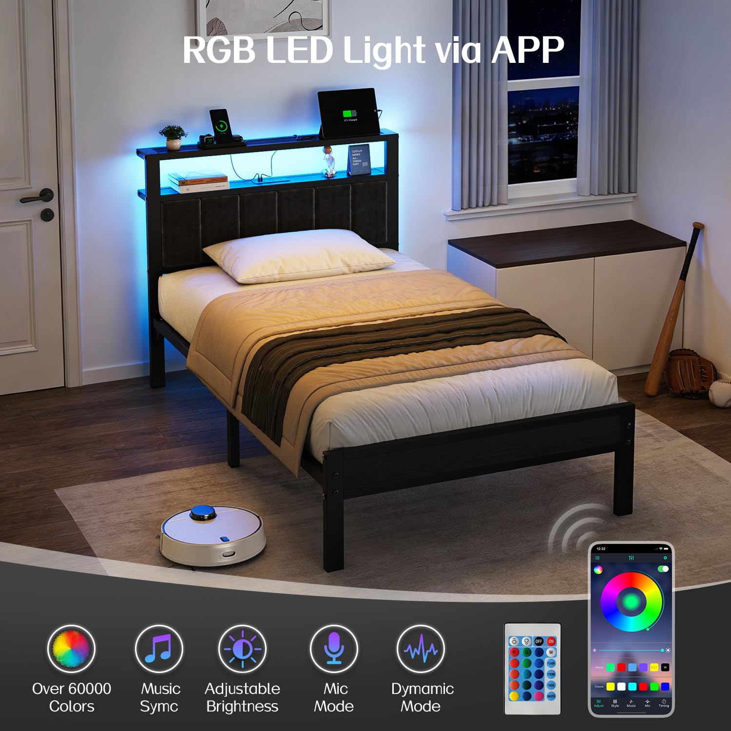 OLEVS Twin Bed Frame with LED Lights & USB Outlets, Platform Twin Bed with Storage Headboard, No Box Spring Needed, Easy Assembly