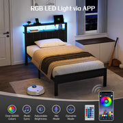 OLEVS Twin Bed Frame with LED Lights & USB Outlets, Platform Twin Bed with Storage Headboard, No Box Spring Needed, Easy Assembly