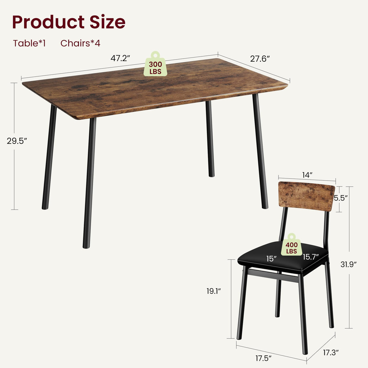 Garvee Dining Table Set for 4 with 4 Upholstered Chairs, Wood Kitchen Table Chairs Set of 4 w/Beveled Edge Design, Dining Room Table Set for 4 for Dining, Small Space, Apartmen,Rustic Brown