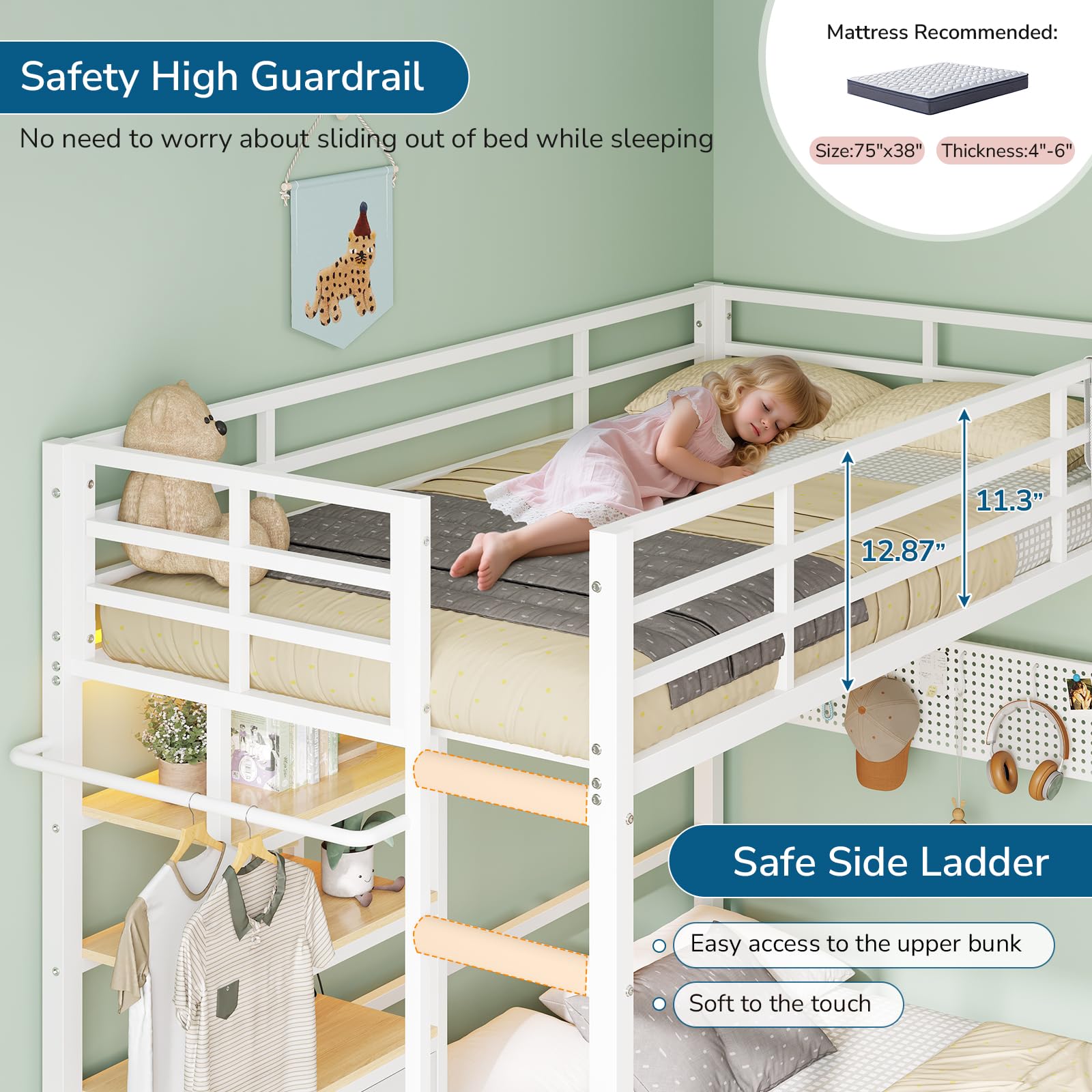 Twin Over Full Bunk Bed with Storage Drawers, Bookshelf & LED Lights