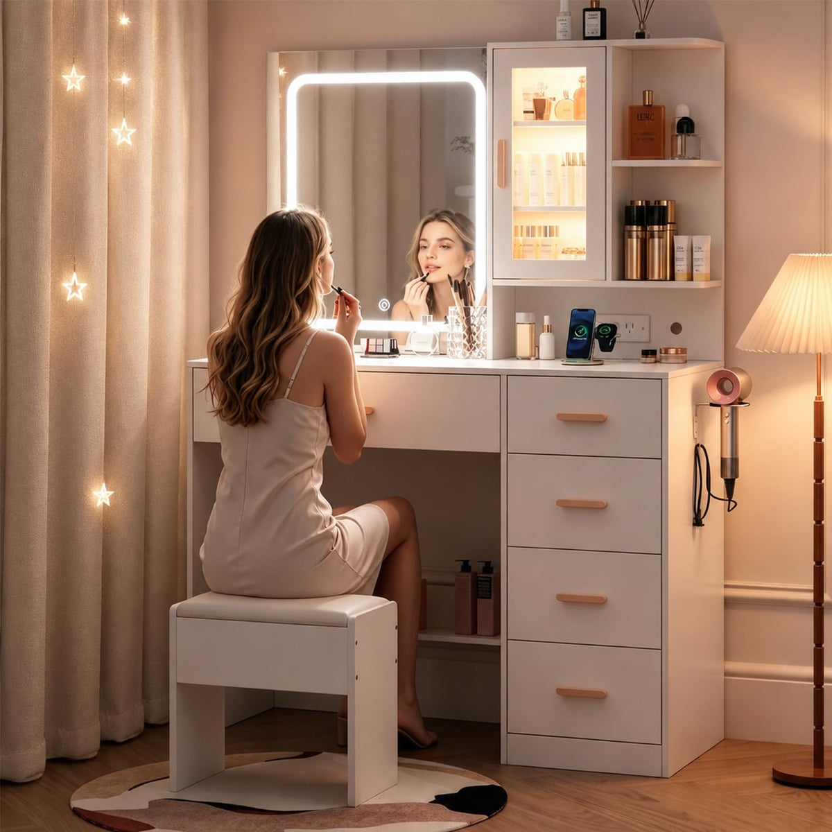 BZK Vanity Desk with LED Lights Mirror, White Makeup Vanity Set with 5 Drawers, Tempered Cabinet, Charging Station, Hair Dryer Rack & Cushion Stool, Dressing Table - Modern Bedroom Furniture