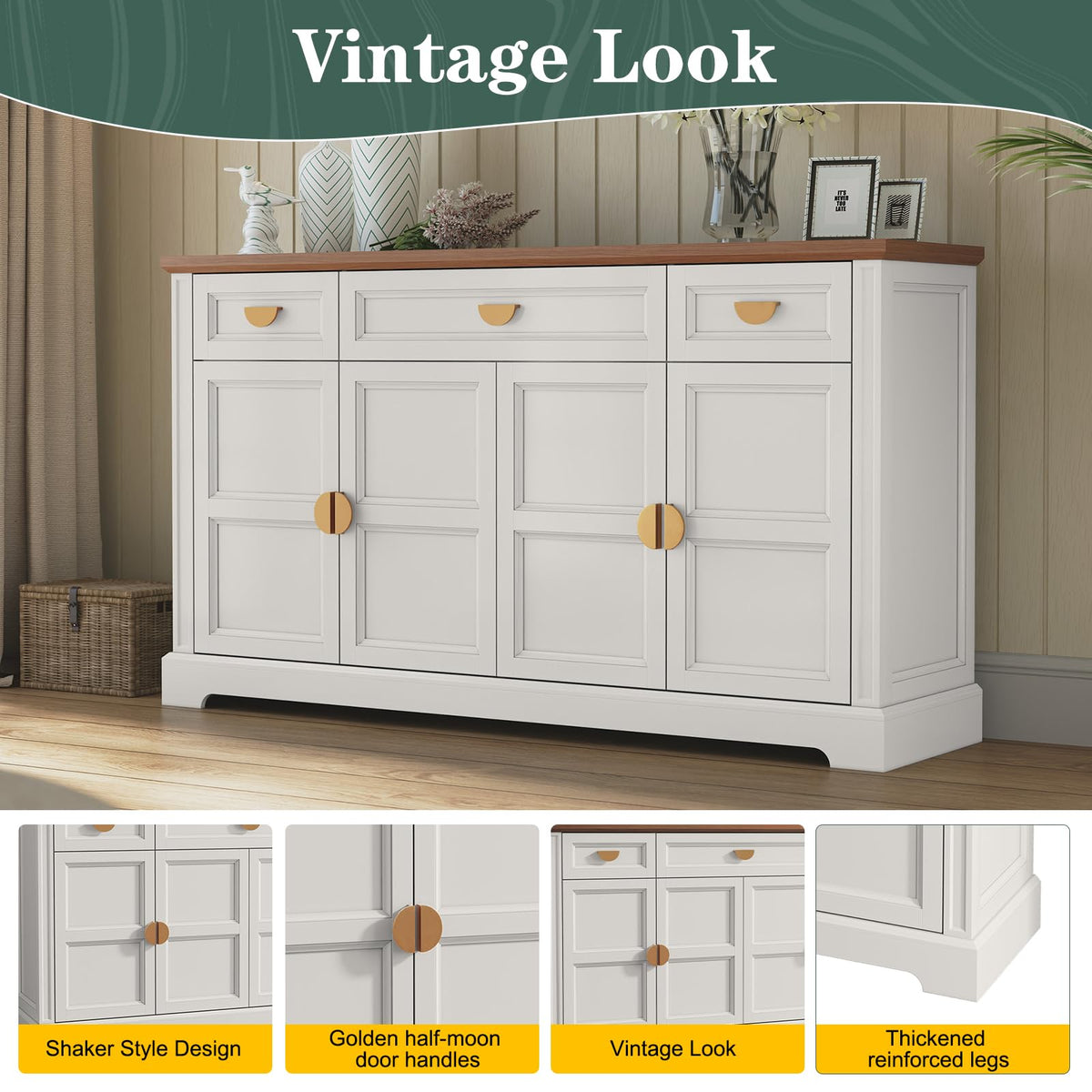 HLR 60'' Shaker-Style Large Sideboard Buffet Cabinet with Storage, White