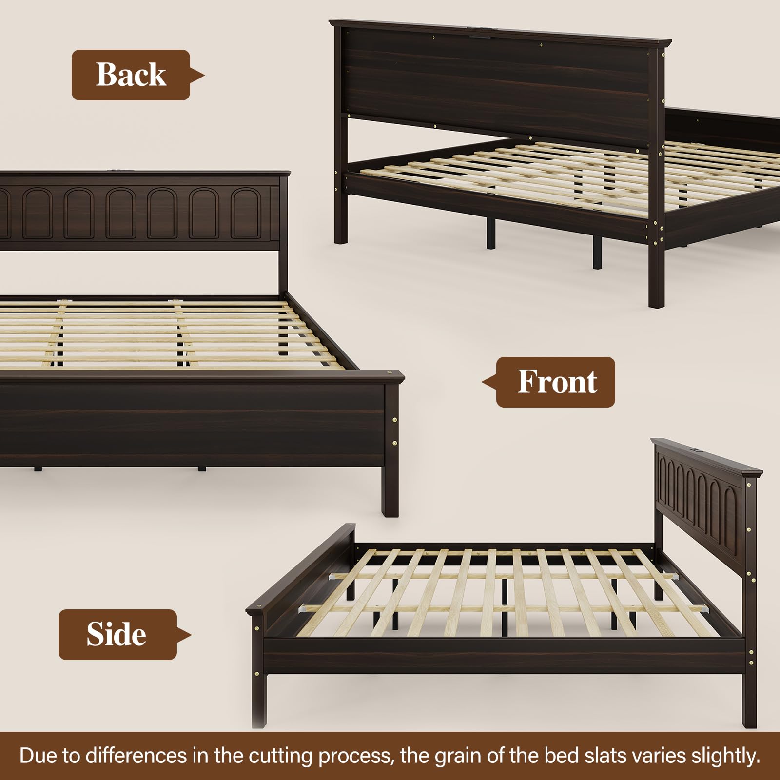 Uteeran Queen Size Bed Frame with Tall Headboard, Mid Century Modern Wood Platform Bed with Charging Ports and LED Lights, Solid Wood Slat Support, No Box Spring Needed, Easy Assembly, Walnut Brown