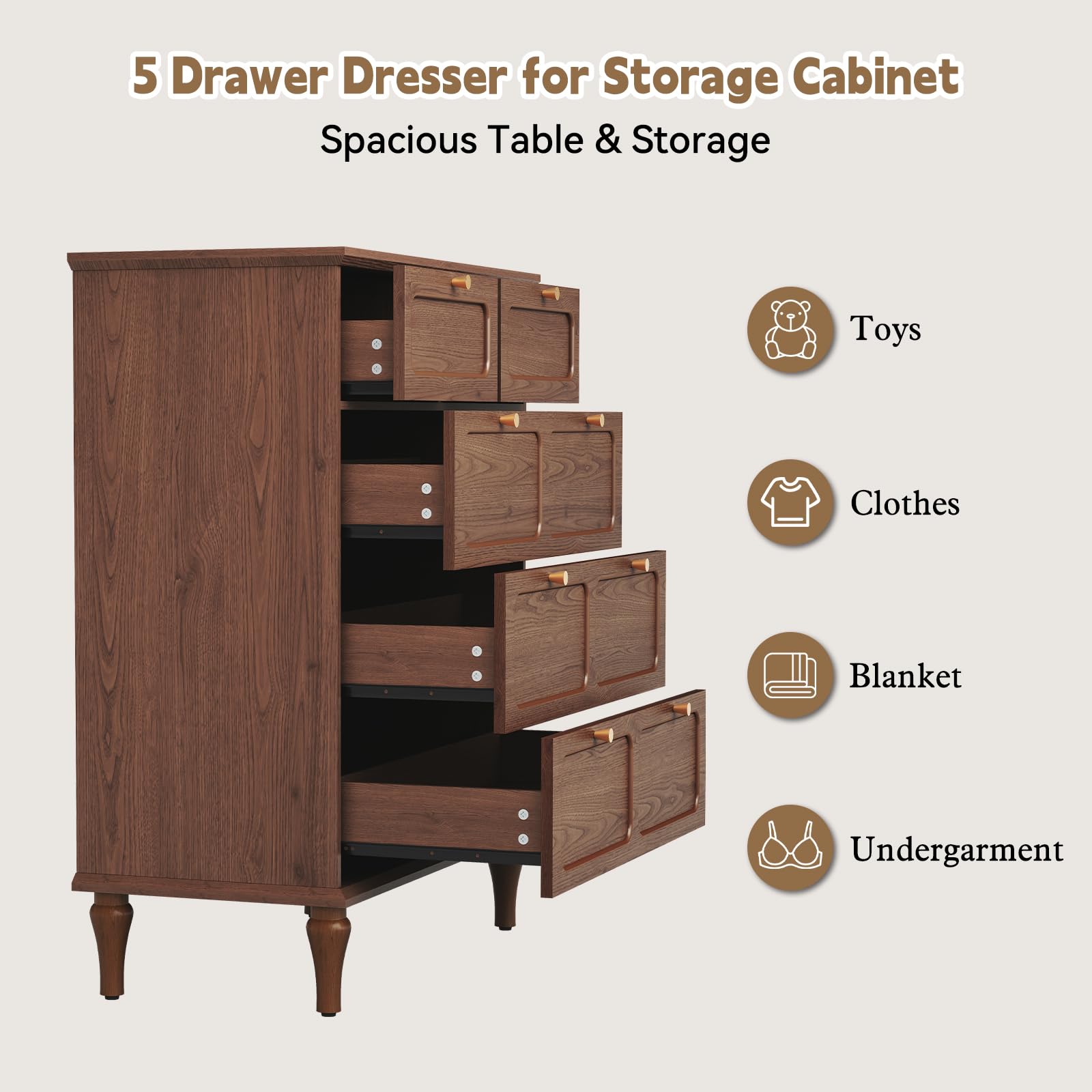 ARTPOWER 5 Drawer Dresser for Bedroom, Tall Dressers & Chests of Drawers with Solid Wood Legs and Brass Handles, Vertical Storage Organizer for Living Rooms, Hallway, Entryways, Offices, Brown