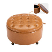 SUNBURY 29" Round Storage Ottoman, Reversible Tray, Cognac