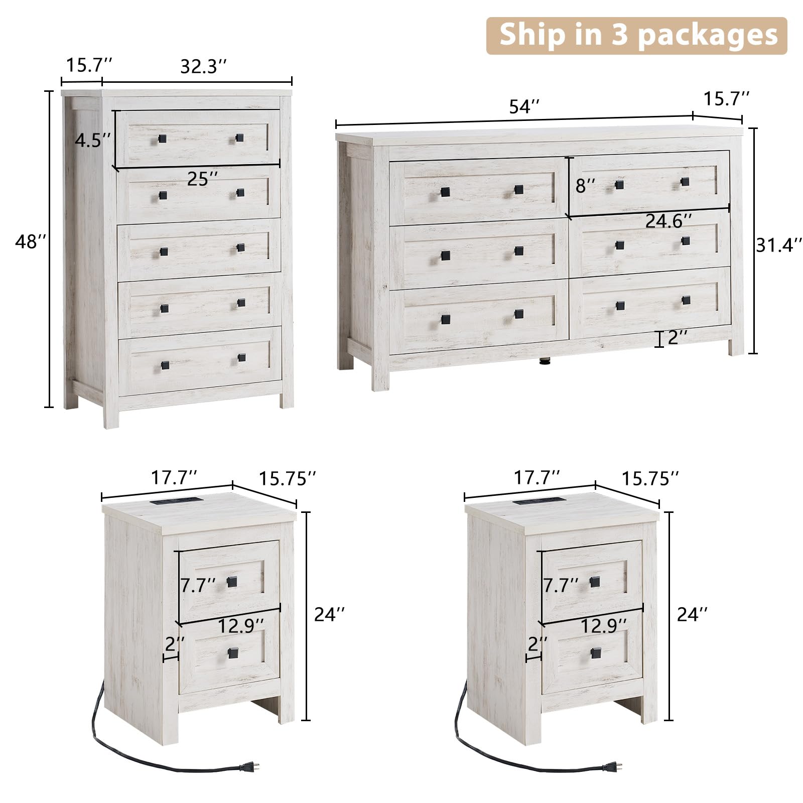 4-Piece Farmhouse Bedroom Set with Charging Nightstands