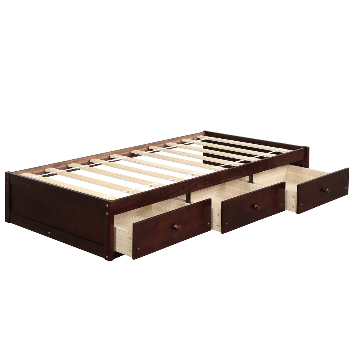 Merax Wood Bed Frame with 3 Drawers Twin Storge Day Bed with Wood Slat Support Space Saving Cherry