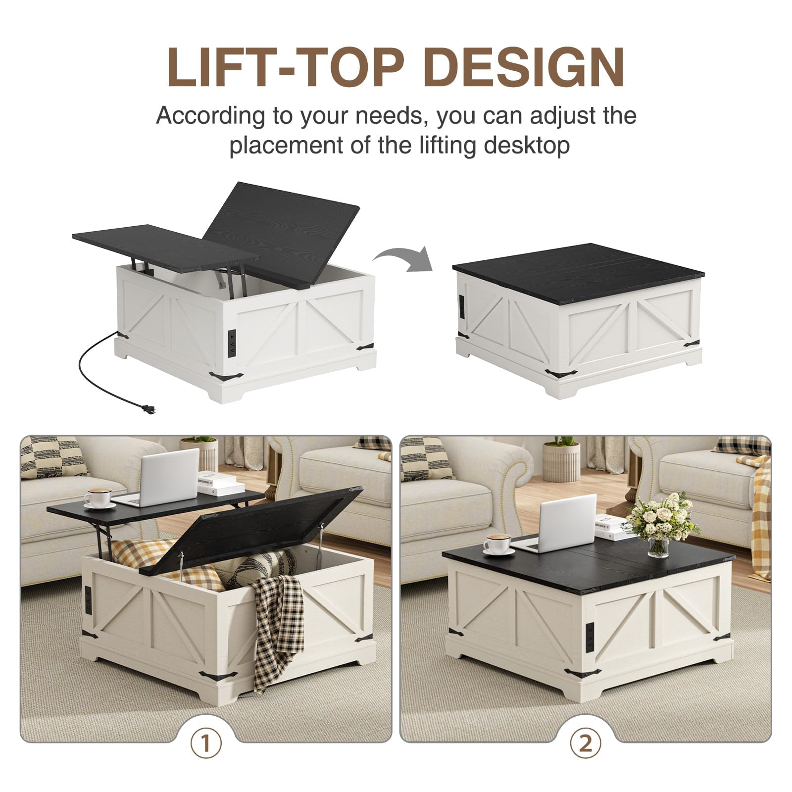 Vabches 35.4" Lift Top Coffee Table with Storage, Farmhouse Square Coffee Tables for Living Room, Center Table with Charging Station and Hidden Space, White