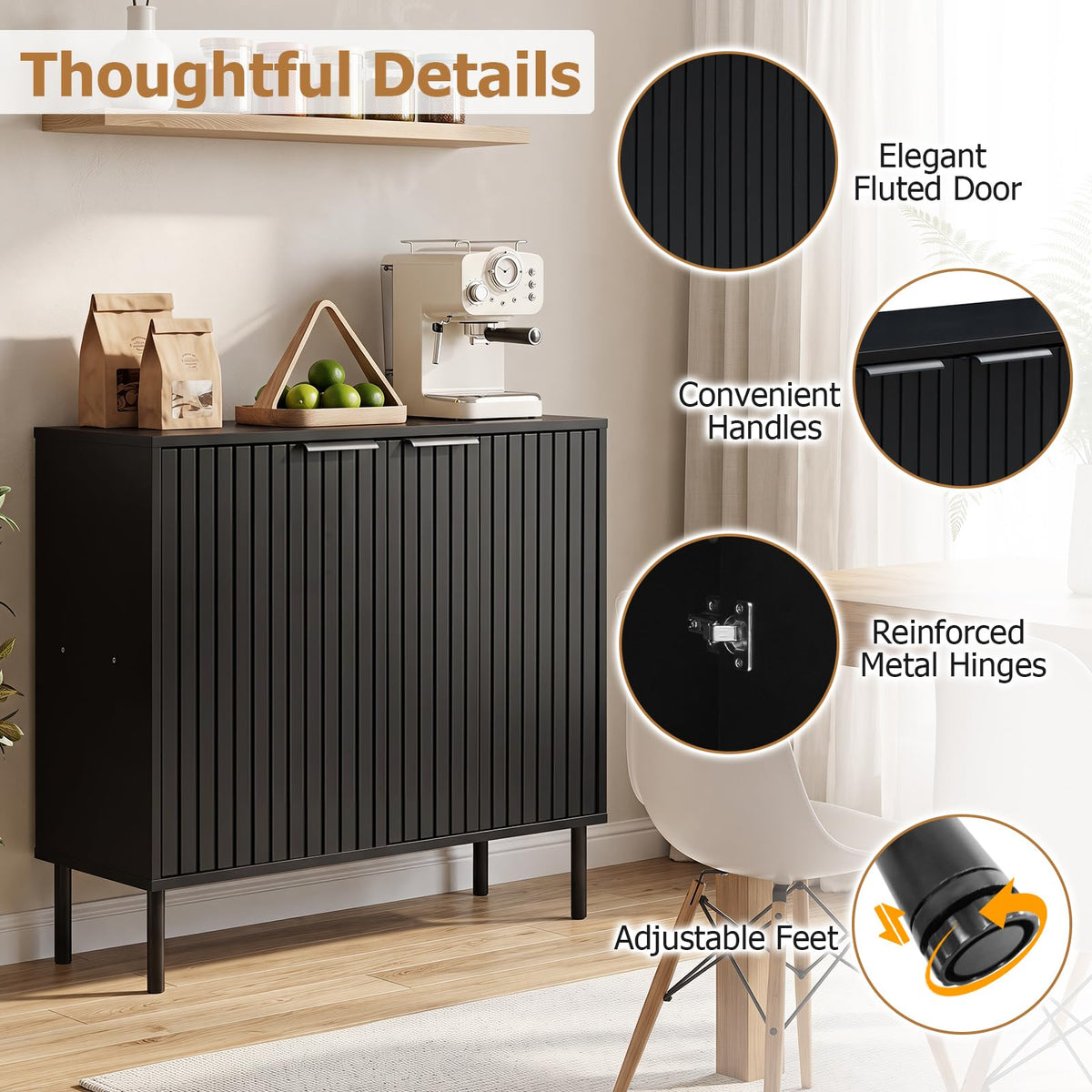 GIANTEX Fluted Buffet Cabinet, 2-Door Sideboard w/Storage (Black)