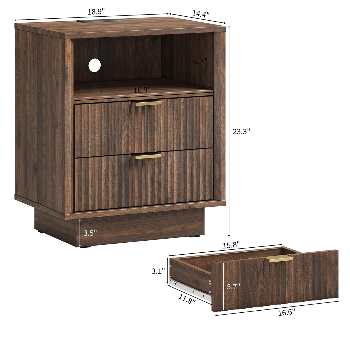 Nightstand with Charging Station, LED Light, 2-Drawer, Walnut, Bedroom