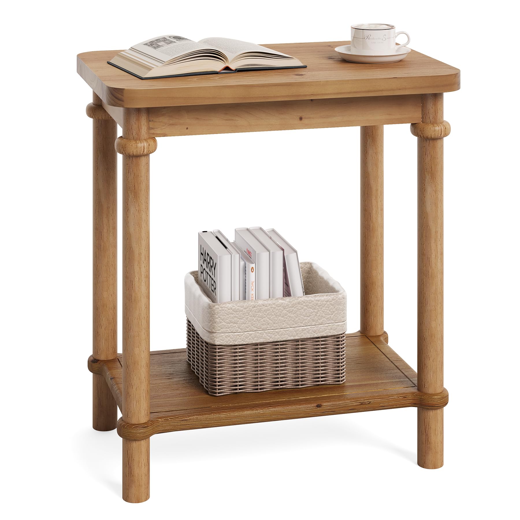 LITTLE TREE 2-Tier Side Table, Rectangular End Table with Storage Shelves & Round Tabletop Edges, Solid Wood Nightstand for Small Spaces, Living Room, Bedroom, Easy Assembly, Light Brown