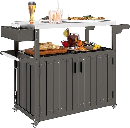 Outdoor Bar Cart with Storage Cabinet & Stainless Steel Top