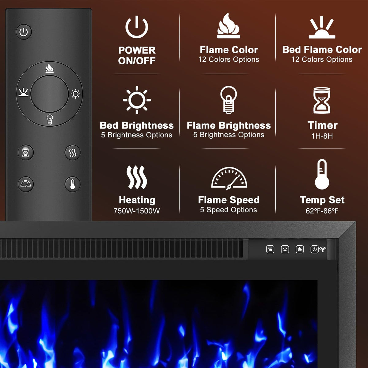 Eshoma 60" Recessed and Wall Mounted Electric Fireplace, Fireplace Heater Recessed and Wall Mounted with Heater, Adjustable 12 Flame Colors and 5 Brightness, Timer, Touch Screen,750/1500w