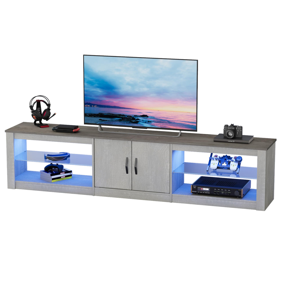 Bestier 80 Inch TV Stand for 75/77/85/86 inch TVs, LED Gaming Entertainment Center for PS5 with Storage Cabinet &Adjustable Glass Shelves, Modern TV Console Table for Living Room Bedroom, Wash White