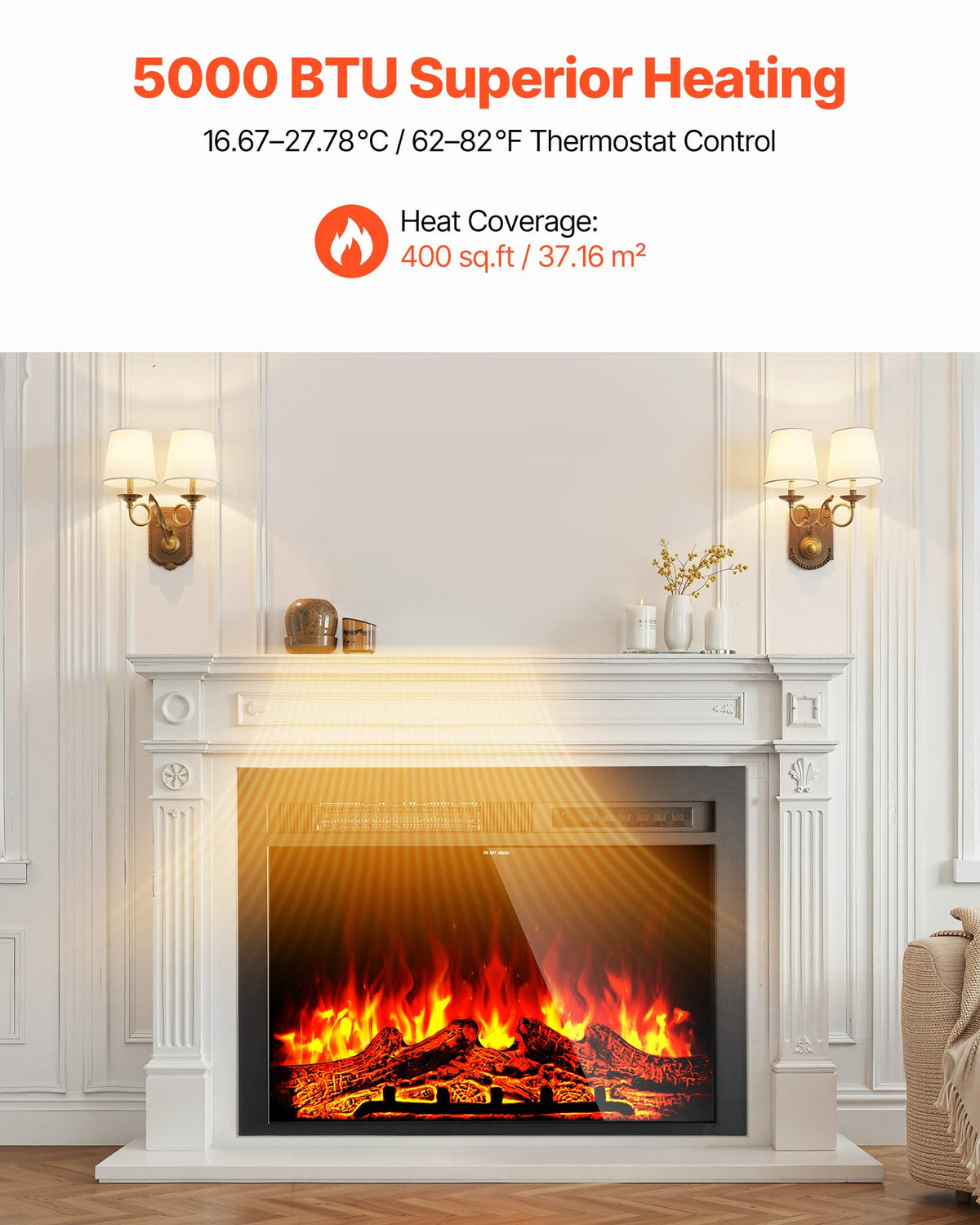 VEVOR 35 Inch Electric Fireplace Insert, 5000BTU Recessed or Wall Mounted Heater Realistic Flame Colors & Adjustable Brightness, 750W/1500W Dual Heat, 8H Timer, Tempered Glass for Living & Bedroom