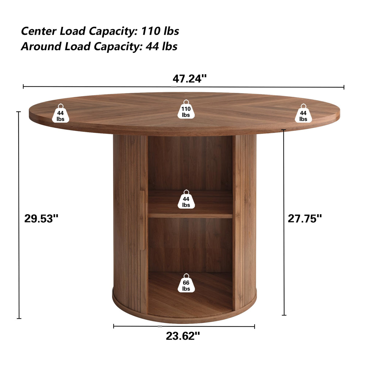 weselon 47 inch Round Dining Table for 4, Kitchen Table Dinner Table with 2-Layer Storage Shelf and Wood Slide Door for Home Dining Room Living Room (Walnut)