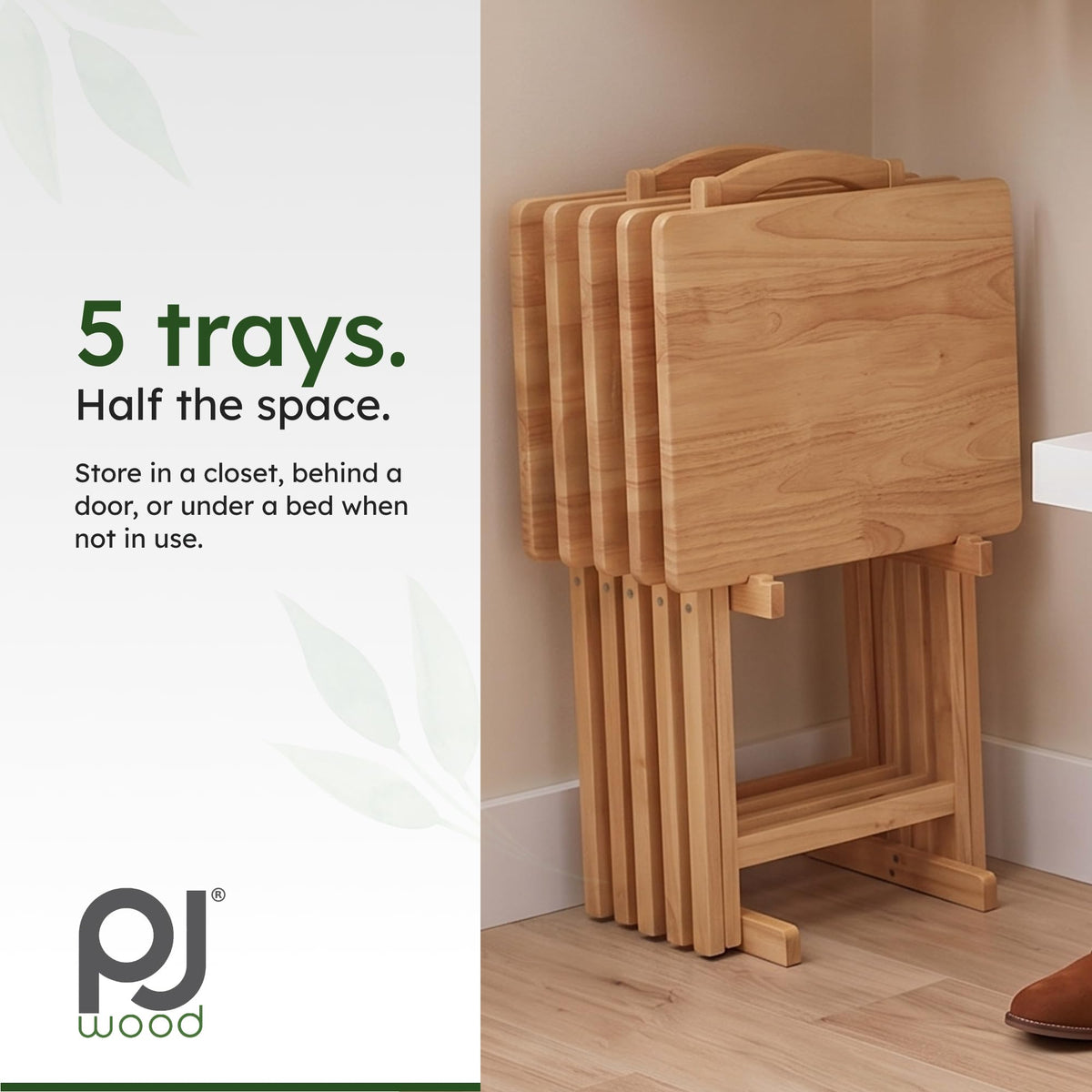 PJ Wood - 5-Pack Folding TV Tray Tables - Wooden Set with Storage Rack
