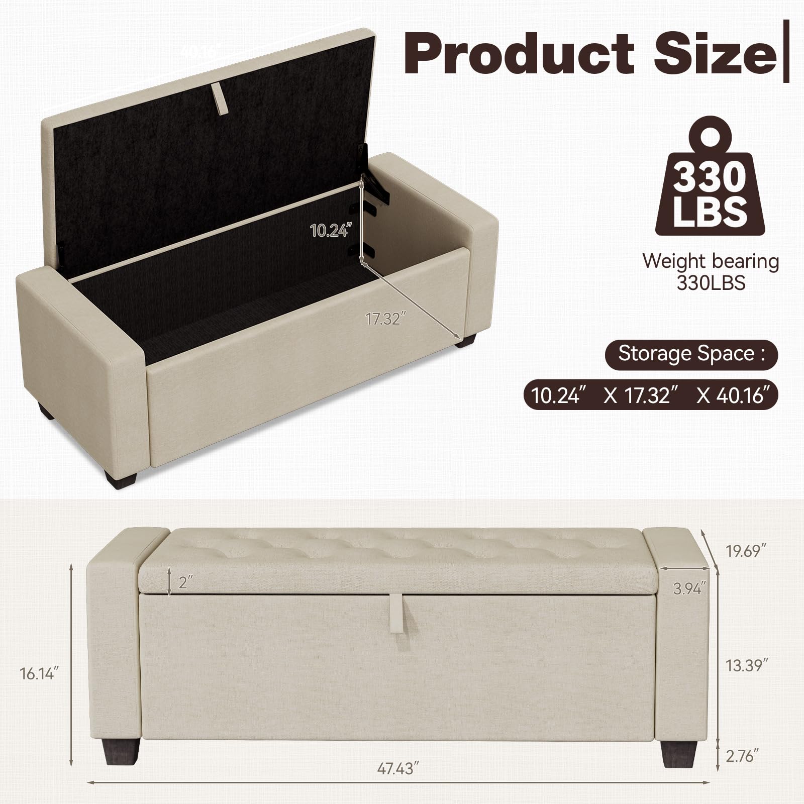 DUSACOM Storage Ottoman Bench, 50" End of Bed Bench with Legs,Storage Chest with Safety Hinge, Modern Entryway Benchs for Living Room, Bedroom, Entryway, Beige