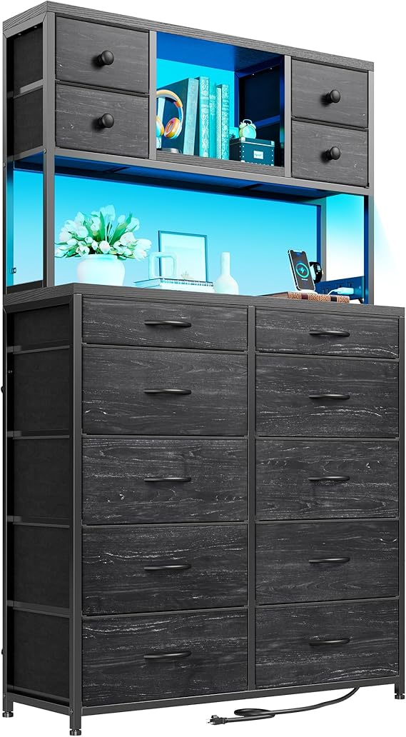 14-Drawer Bedroom Dresser with LED Light & Charging Station