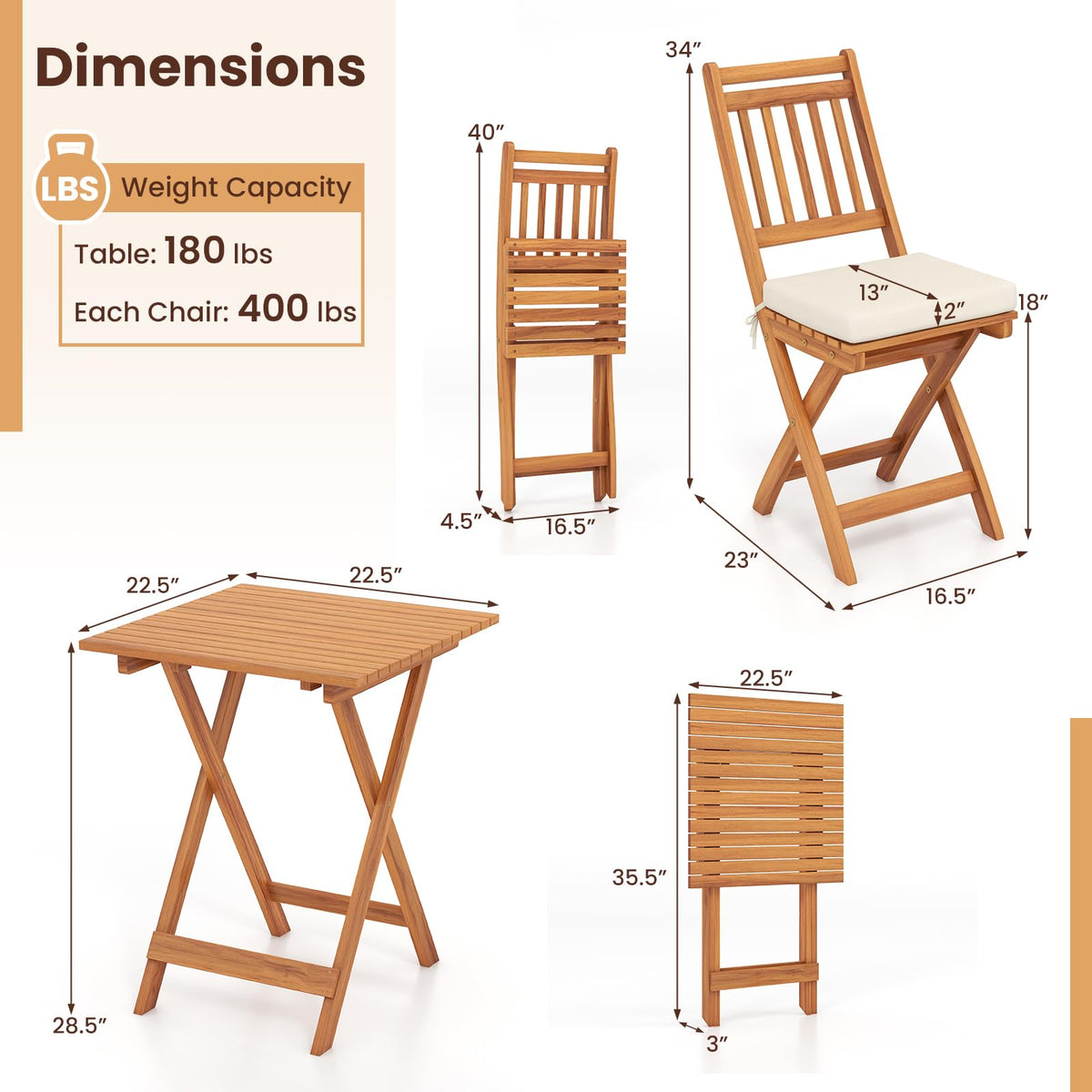 KOTEK Outdoor Folding Bistro Set, 3 Pieces Acacia Wood Bistro Set with Soft Cushions, Patio Bistro Table and Chairs for Backyard, Porch, Poolside (Vertical Slats)