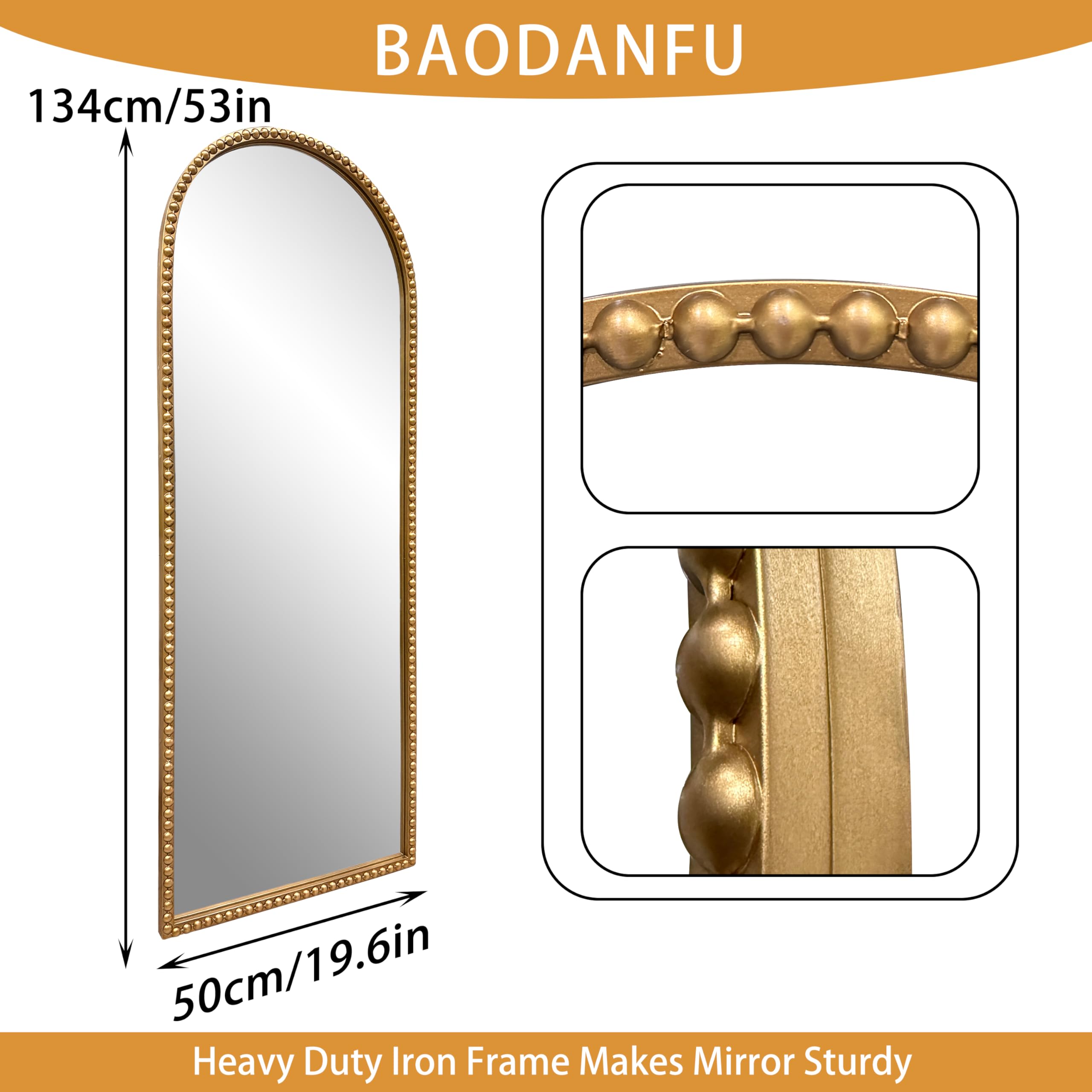 Gold Arch Full Length Wall Mirror with Antique Beaded Frame