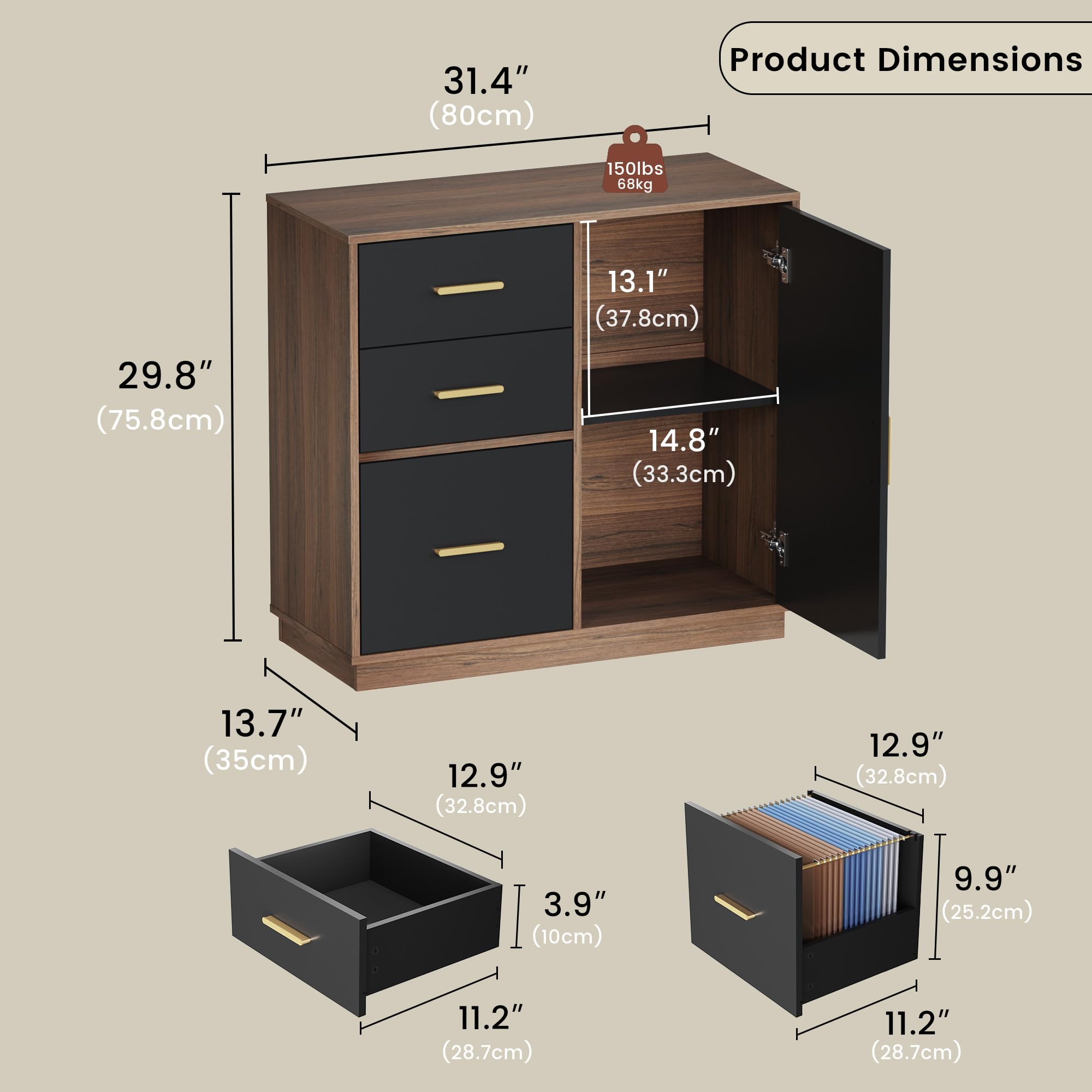 3-Drawer File Cabinet with Side Cabinet & Adjustable Shelf