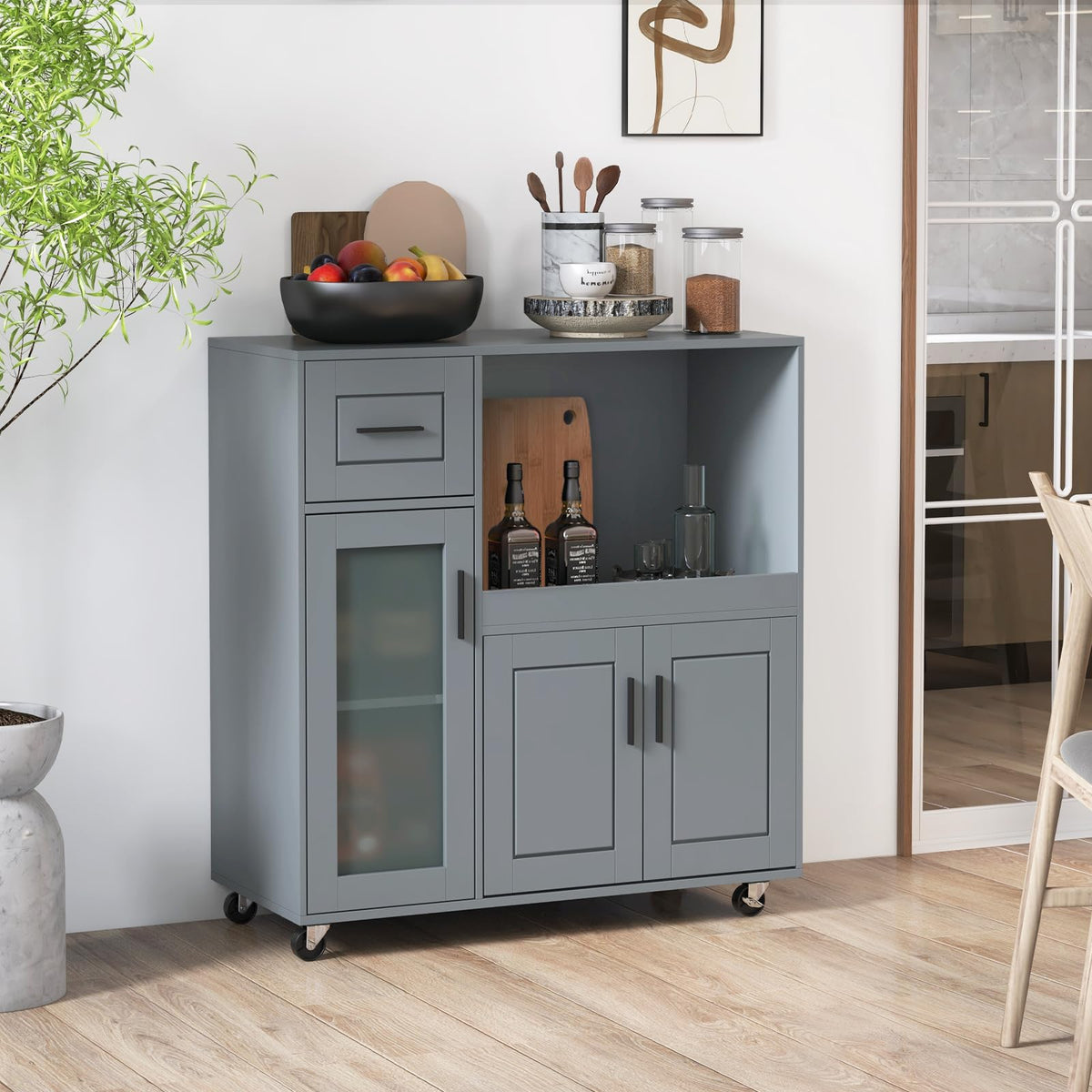 GIANTEX Kitchen Island Cart with Storage, Rolling Island Table with Drawer, Glass Door, Adjustable Shelf, Bar Coffee Microwave Cart On Wheels for Dining Room, Grey