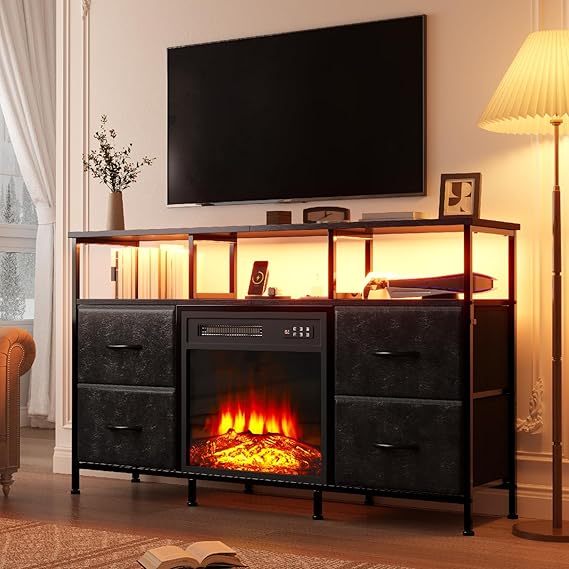Fireplace TV Stand with Drawers & LED Lights