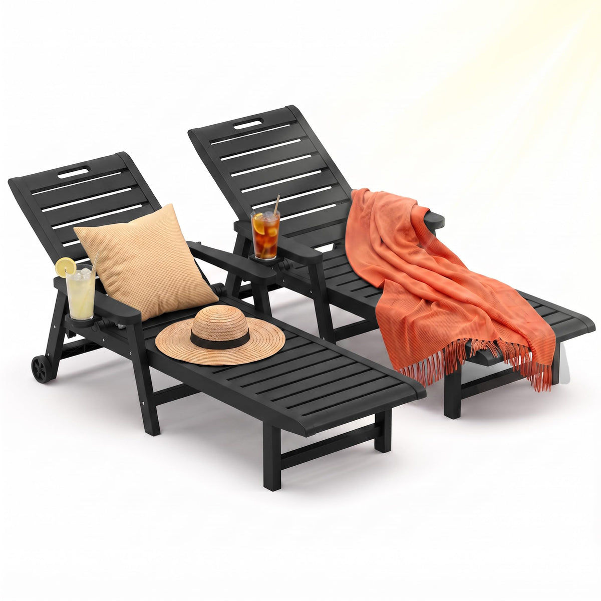 Outdoor Lounge Chairs, Set of 2 PP Tanning Chairs with Wheels & Cup Holders