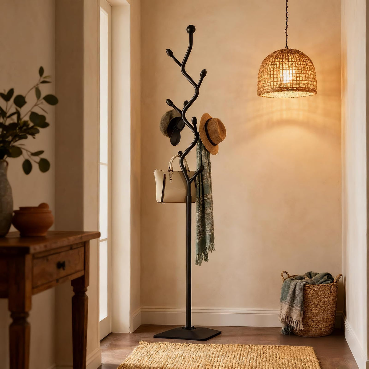 HAZHEYE Coat Rack,Metal Coat Tree Freestanding with 8 Hooks, Creative Design Tree Branch-look,Standing Coat Rack,Coat Hanger Stand with Stury cast iron Base for Entryway, Hallway, Bedroom (black)